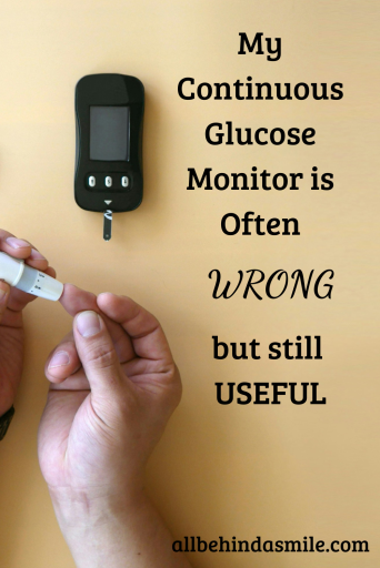 Image of a blood sugar test with a finger stick in progress with the text My continuous glucose monitor is often wrong but still useful