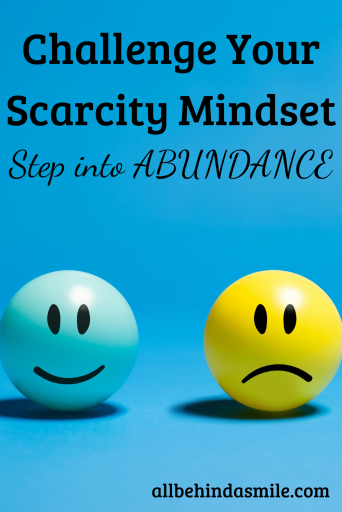 A blue happy face and yellow sad face with the text Challenge your Scarcity Mindset Step into Abundance