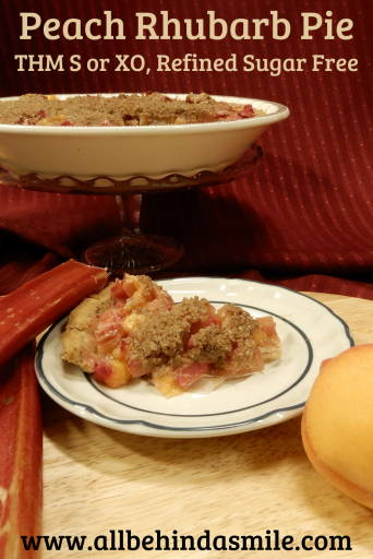 Peach Rhubarb Pie on a blue and white dessert plate with the remainder of the pie elevated on a cake stand, a red cloth in the background and rhubarb pieces to the left, a whole peach to the right